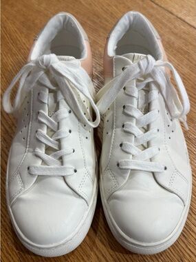 J. Crew White Leather Sneakers with Blush Heel Tab